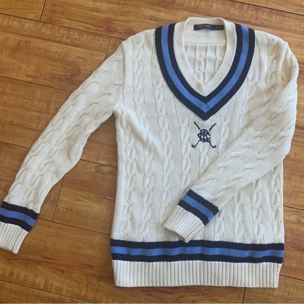 Ralph Lauren White Cotton V-Neck Cricket Sweater with Navy Stripes